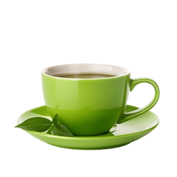 Green tea cup and saucer with tea leaves png