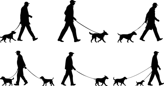 old man woman pet owners, running dog silhouette. set of old person walking dog. people with dog walking. illustration on white background. vector