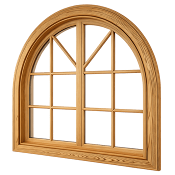 Elegant arched wooden window with multiple panes png
