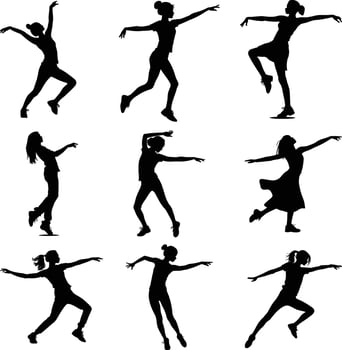 women dancers performing hip hop dancing flat silhouette. Some slim female people in dance pose. teenager girl dancers. vector