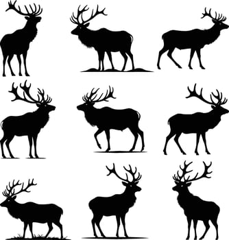 set of elk silhouette deer moose. animal horn jungle hunting forest nature wildlife outdoor concept illustration. vector
