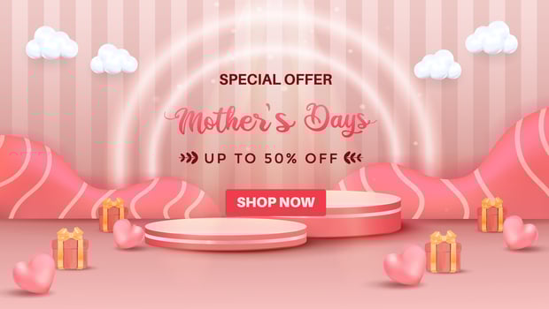 Mothers Day Special Offer Banner With Gift Boxes and Pink Hearts Background vector
