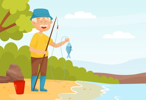 Senior Man Character Fishing at Sea Bank with Rod Illustration vector