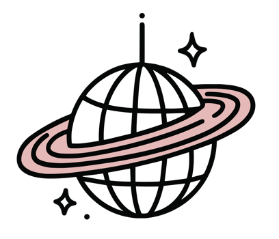 Disco ball cosmic party theme Saturn stars sparkling celestial girly magical pink aesthetic illustration doodle drawing decor for dance music event clipart transparent background png