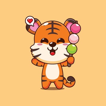 Cute tiger cartoon illustration eating dango vector
