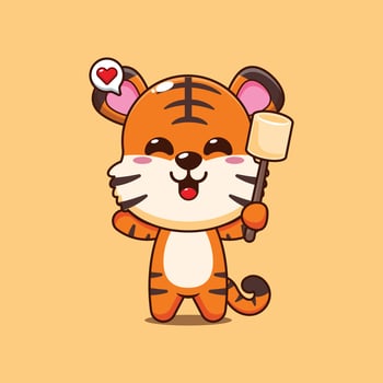 Cute tiger cartoon illustration eating marshmallow vector