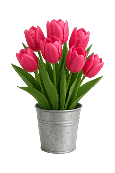 Realistic Pink Tulip Flowers in Metal Pot Flat Lay Isolated on Transparent Background, png