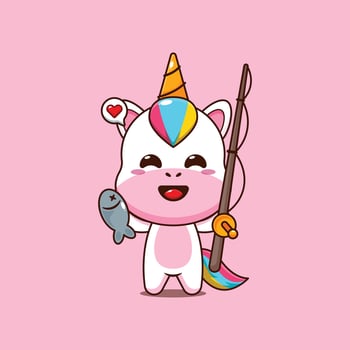 Cute unicorn cartoon illustration catching fish with fishing rod vector
