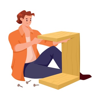 Man Character Assemble Furniture as DIY Home Repair Work Illustration vector