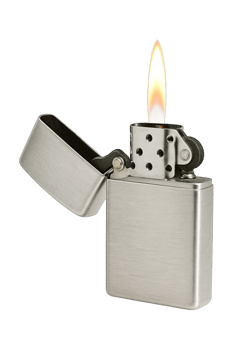 Realistic Metal Lighter with Flame Flat Lay Isolated on Transparent Background, png