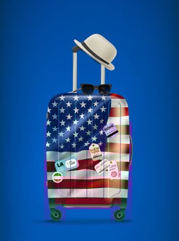 Travel bag with stickers, hat and sunglasses. 3d vertical banner vector