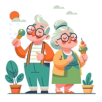 Cute retired couple walking in the park and eating ice cream on a warm sunny day. Colored illustration in flat style. vector