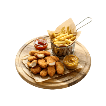 Chicken Nuggets and Fries Served with Dips on a Wooden Platter png