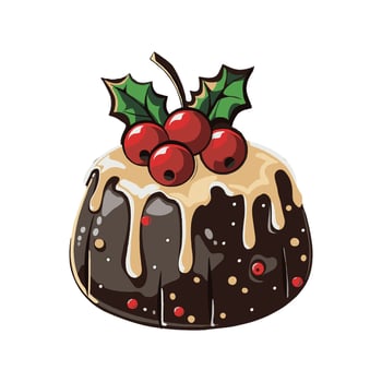 A stylized illustration of a Christmas pudding topped with holly berries and icing, drawn in a cartoon style on a white background, festive dessert concept vector