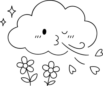 Cute cloud blowing kisses with flowers around, evoking cheerful spring vibe vector