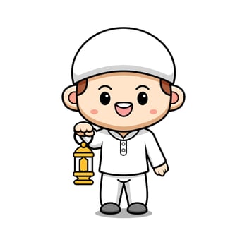 Cute Muslim Boy Holding Lantern Character Icon Illustration Suitable for Web Landing Page, Banner, Sticker, Card vector