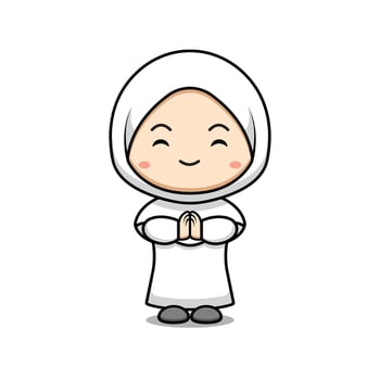 Cute Muslim Girl Greeting Character Icon Illustration. Flat Cartoon Style Suitable for Web Landing Page, Banner, Sticker, Card vector