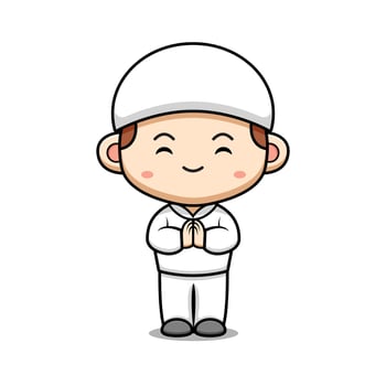Cute Muslim Boy Greeting Character Icon Illustration. Flat Cartoon Style Suitable for Web Landing Page, Banner, Sticker, Card vector
