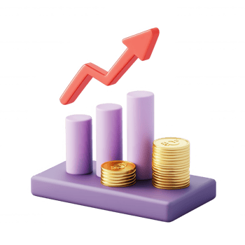 3d icon illustration featuring an increasing profit chart with gold coin stacks and a rising red arrow, symbolizing finance growth png