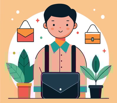 Stylish Asian man wears messenger bag between potted plants and floating handbags vector