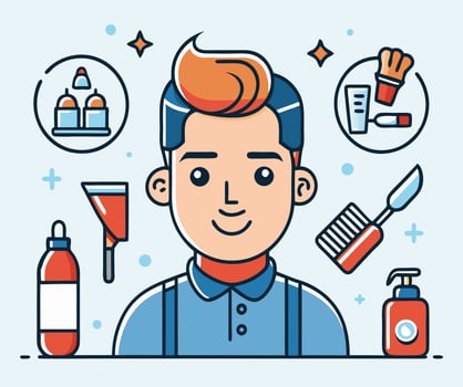 Cheerful cartoon worker with orange hair smiles among cleaning products and equipment icons vector