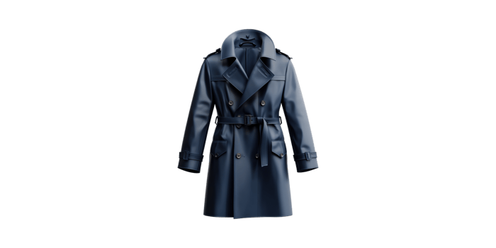 Elegant Navy Blue Trench Coat. Stylish Outerwear For Fashion And Seasonal Wear Isolated On Transparent Background png