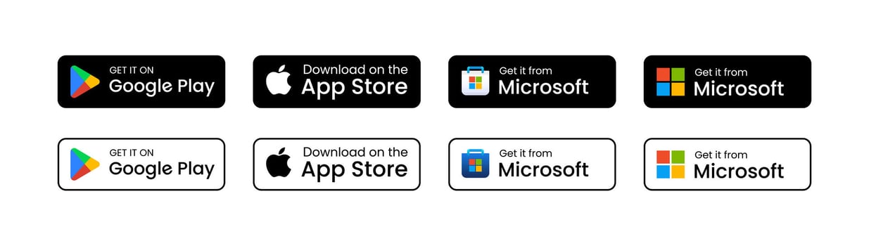 get it on google play, download it from apple store, get it on microsoft store buttons app icons set collection vector