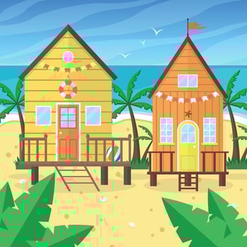 Landscape with two beach houses, ocean and palm trees. Summer, beach, vacation. vector