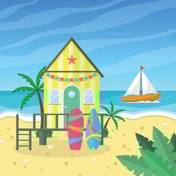 Landscape with a house, sea, surfboards and a boat. Beach, summer, vacation, holidays. vector