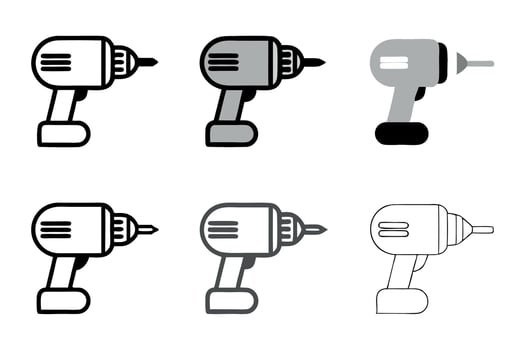 Set of drill machine icons, featuring various styles and color variations, perfect for construction and DIY concepts, labour day or labor day line art icon set vector