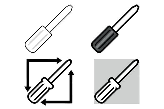 screwdriver icons including flat and cross screwdrivers in various designs, ideal for DIY and construction work, depicted in minimal line art Labour Day or Labor Day line art icon set vector