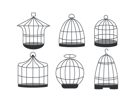 Set of six empty birdcages standing on white background vector
