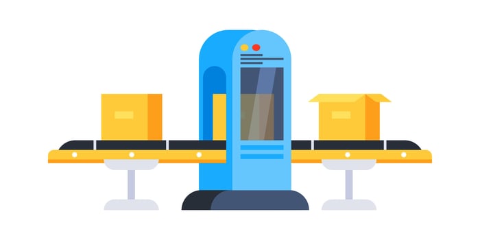 Conveyor belt transporting cardboard boxes through a scanner in a warehouse vector