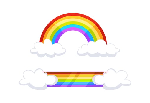 Colorful rainbow arching over white clouds on transparent background vector