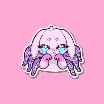 Cute sticker. Crying bunny-octopus hybrid character with big teary eyes, pastel colors, and expressive emotional pose. Adorable cartoon style illustration with soft shading and clean lines vector