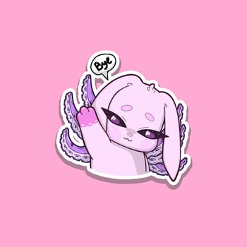 Cute sticker. Bunny-octopus hybrid character waving goodbye with a sweet expression. Adorable cartoon style illustration with pastel colors, soft shading, and clean lines vector