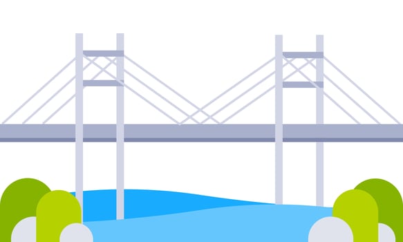 Cable stayed bridge crossing blue water with green trees on riverbank in flat design vector