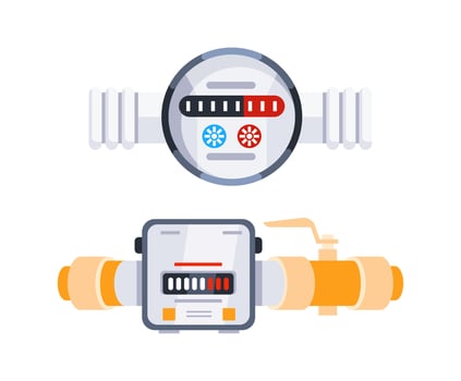 Water meters measuring hot and cold water consumption with pipeline and valve vector