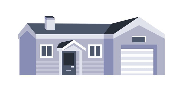 Modern suburban house with attached garage featuring a chimney and a porch vector