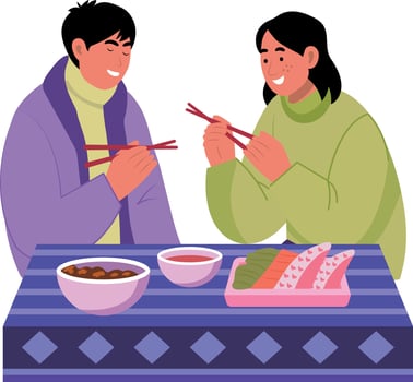 Friends eating food together, flat style illustration vector