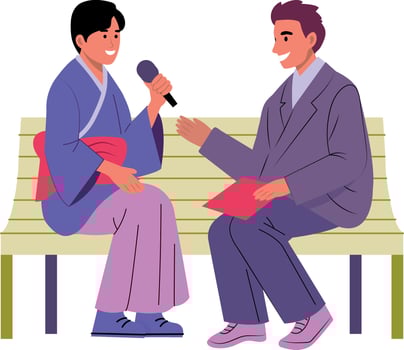 Two characters doing language exchange practice, flat illustration vector