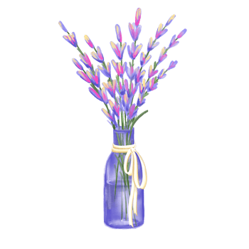 Hand drawn glass vase with lavender flower with textile ribbon and bow. Country life concept, vintage rustic charm, good for print, poster, card or background. png