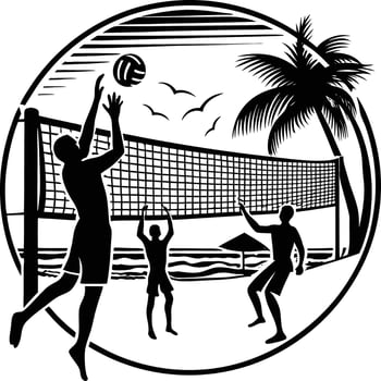 Group of Friends Playing Beach Volleyball at Sunset on a Summer Evening in Loosdrechtse Plassen, Netherlands vector