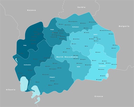 modern illustration. Simplified administrative map of North Macedonia. Border with nearest states Greece, Bulgaria and etc in grey colors. Blue shape of Macedonia. Names of cities and regions vector