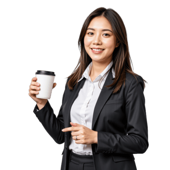 Asian business woman holding coffee cup png