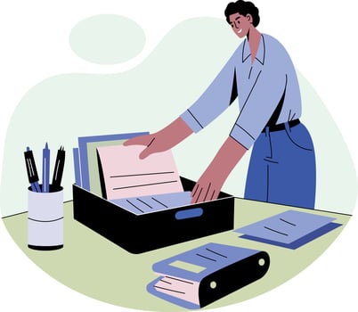 A character organizing desk in office, flat illustration vector
