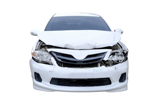 Car crash, Front view of white sedan car get damaged by accident on the road. damaged cars after collision. isolated on transparent background, File png