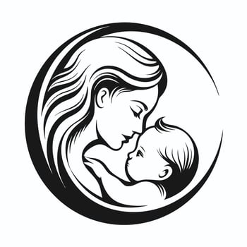 Tender Mother and Baby Bond Illustrated in Black and White Circle vector