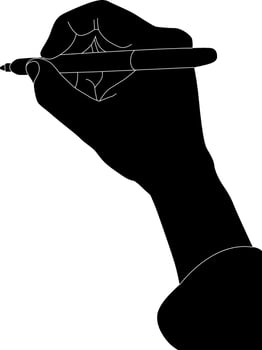 A black silhouette of a human hand holding a pen and writing vector