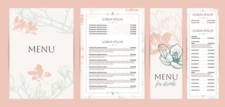Elegant food and drinks menu designs. Restaurant menu template. Beautiful A4 format with high quality flowers for print and online usage. Pastel hand drawn line art magnolia illustrations. vector